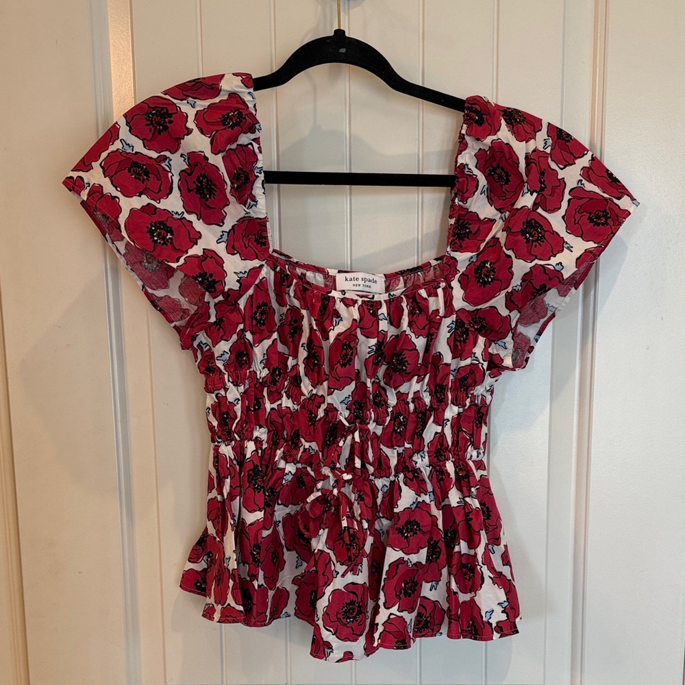 kate spade Red Floral Smocked Peplum Blouse